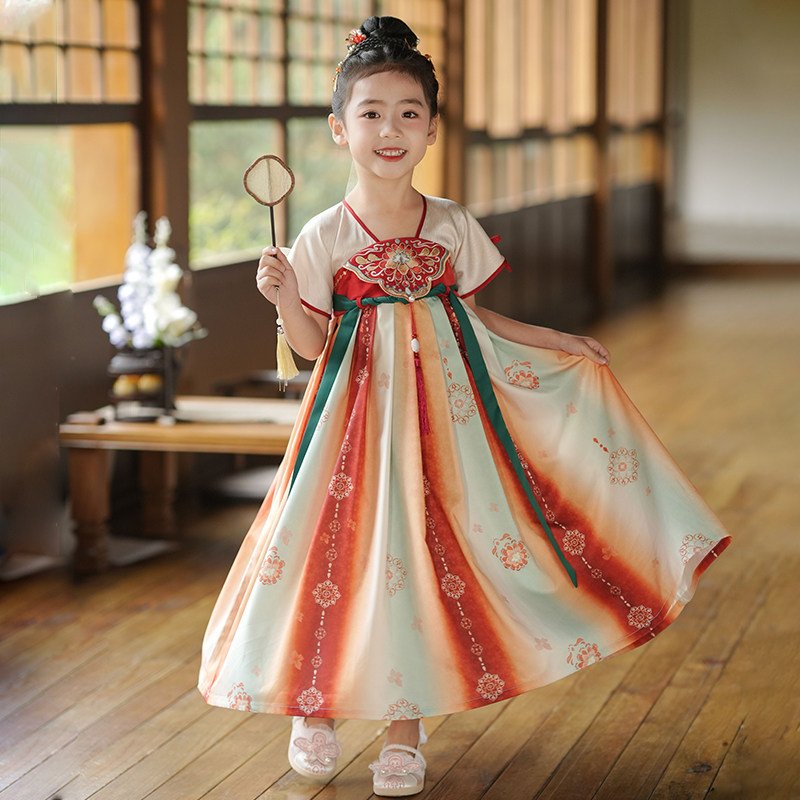 热销汉服女童夏装短袖儿童古装连衣裙中国风唐装古风亲子襦裙表演