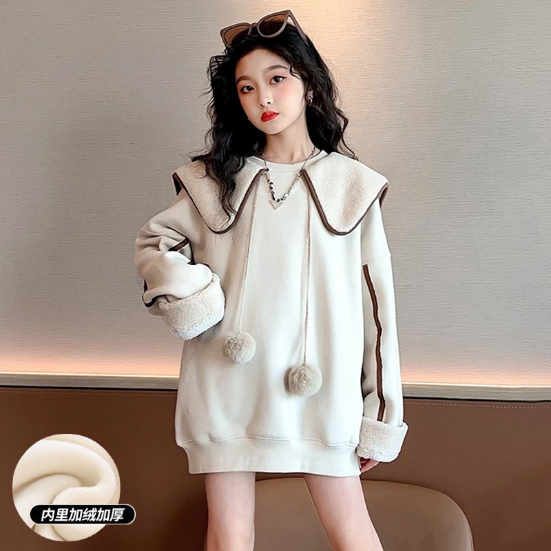 女童中长款卫衣冬季加绒加厚2024新款洋气儿童衣服大童冬装卫衣裙