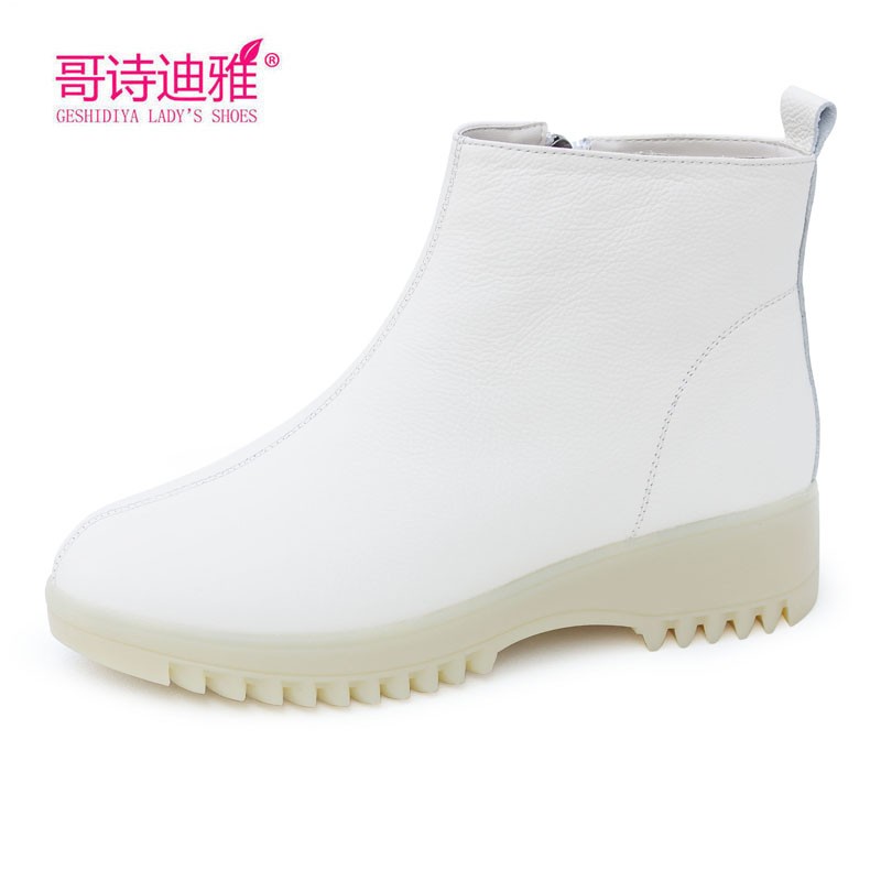 新品秋冬季白色真皮坡跟防水台冬天款保暖通勤工作鞋护士鞋女棉靴