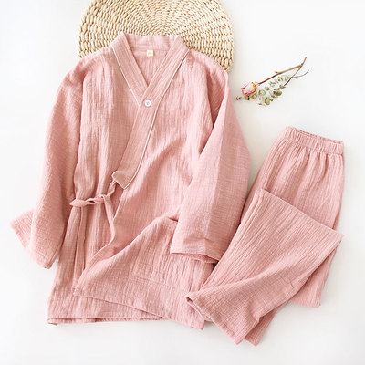 情侣家居服套装 水洗竹节棉日式和服女士男款睡衣春秋季简约
