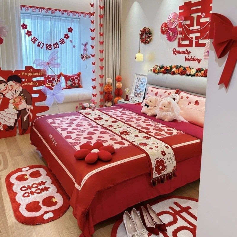 中式全棉爱心结婚四件套大红色床单被套婚庆床上用品婚房喜被,床上用品,婚庆床品套件,淘宝优惠券,粉丝福利购,淘宝优惠卷