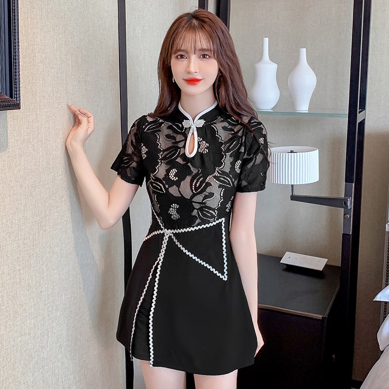 新中式改良旗袍连衣裙女夏季x新款蕾丝收腰裙子短裤工作服两件套