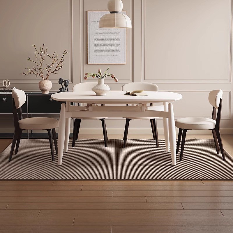 法式奶油餐桌椅组合轻奢现代简约伸缩折叠岩板可变圆桌家用小户型