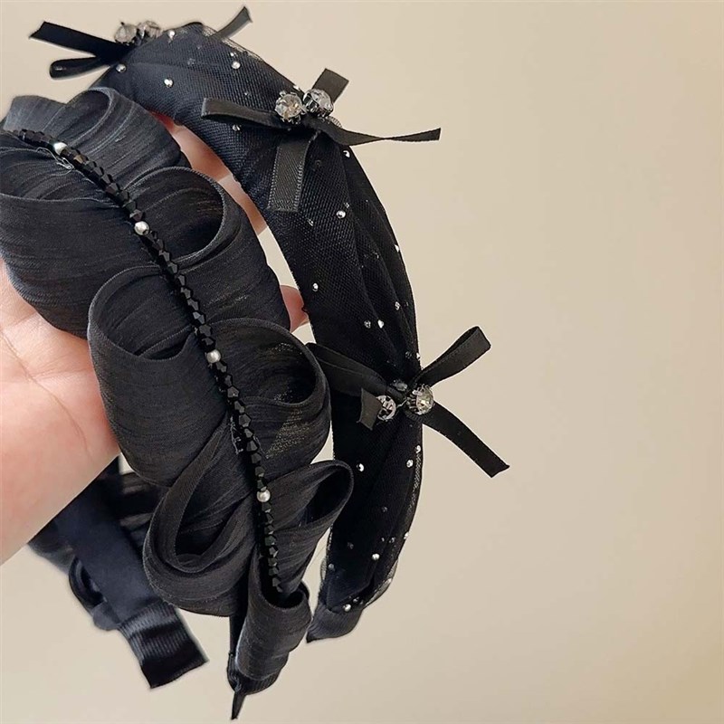 气质黑色蝴蝶结镶钻高颅顶发箍A法式高级宽边头箍压发发捆洗脸发