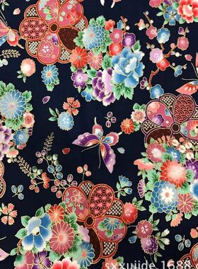 日式和风烫金布(蝶舞花飞)全棉和风印花布M料旗袍汉服演出服面料
