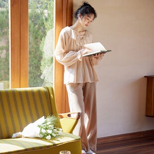 甜美可爱公主风纯棉家居服套装 双层棉纱睡衣女春秋季 薄款 长袖 长裤
