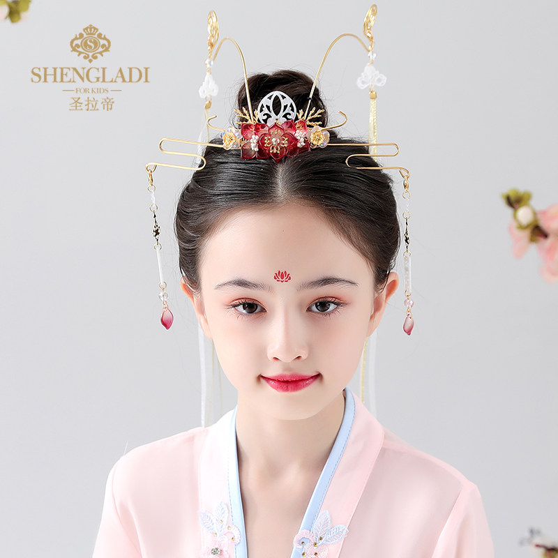 汉服头饰女童凤发儿童风冠女童古头发饰公主古装冠冠流苏发簪红色