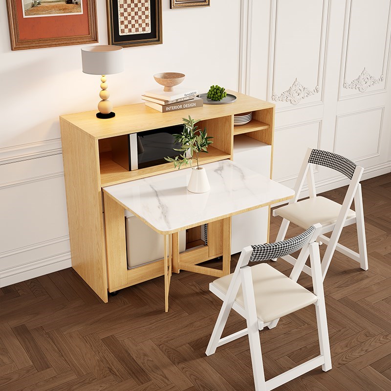 小户型家用折叠餐桌现代简约奶油风可收纳伸缩长方形吃饭岩板餐桌