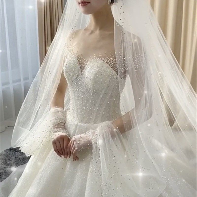 手袖头纱水钻钉珠钻新娘结婚纱白色婚礼遮挡手臂长款礼服拖尾