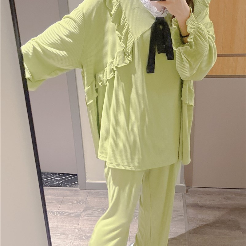 长袖睡衣女春秋甜美大花边针织棉家居服宽松大码胖mm200斤套装