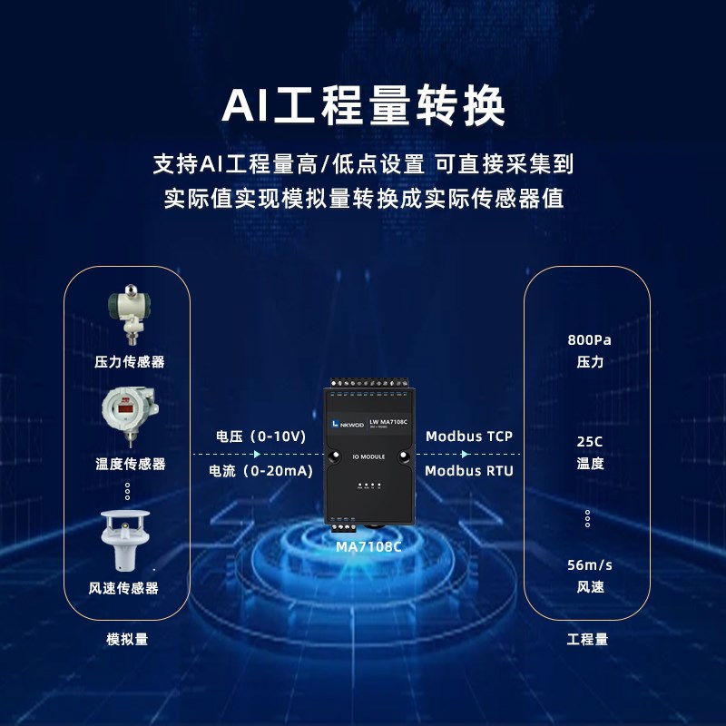 凌柯沃8路4-20mA/0-10V转485模拟量采集模块AD数模转换MA7108C