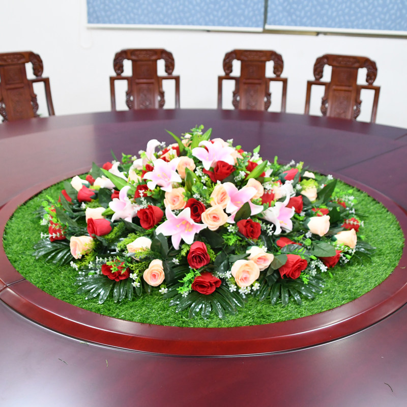 酒店餐桌转盘花大圆桌中间装饰花圆形花绿色草坪台假花摆件仿真花