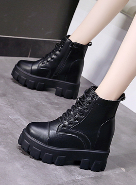 马丁靴女内增高10cm女鞋2020秋冬新款英伦风短靴厚底坡跟黑色皮靴