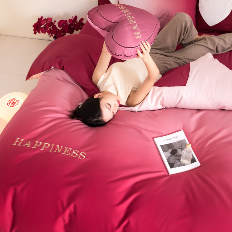 婚庆红色渐层长绒棉四件套全棉100被套结婚床单婚嫁床上用品4