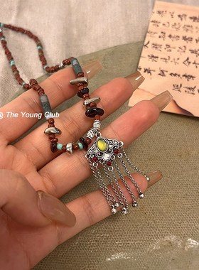 手工串珠藏式复古流n苏项链民族风森系眉心坠异域风锁骨链复古颈