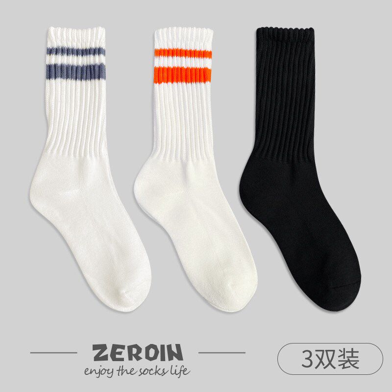 3双毛巾男士袜子秋冬季日系粗线中筒袜运动白色堆堆袜底新款