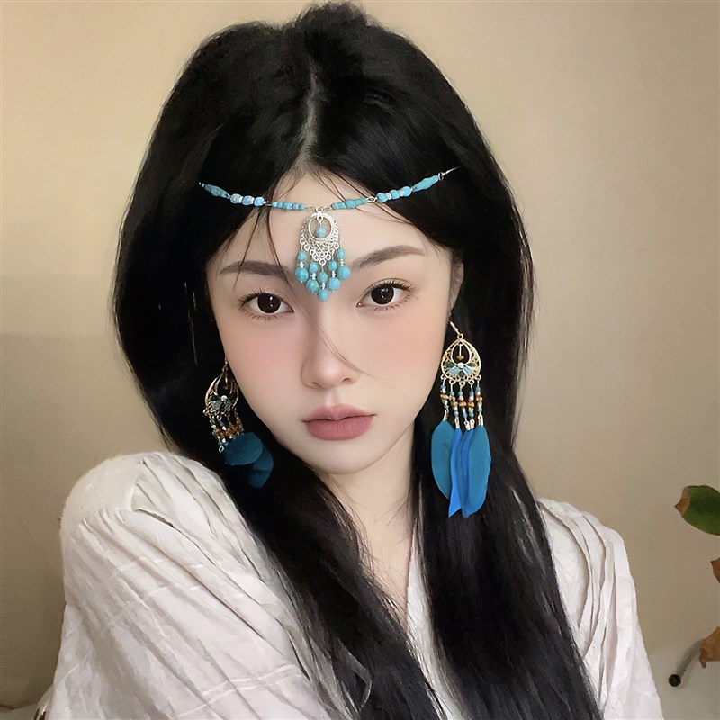 工厂销民族风耳饰云南旅游长款羽毛复古小众百R搭耳坠搭配披肩波