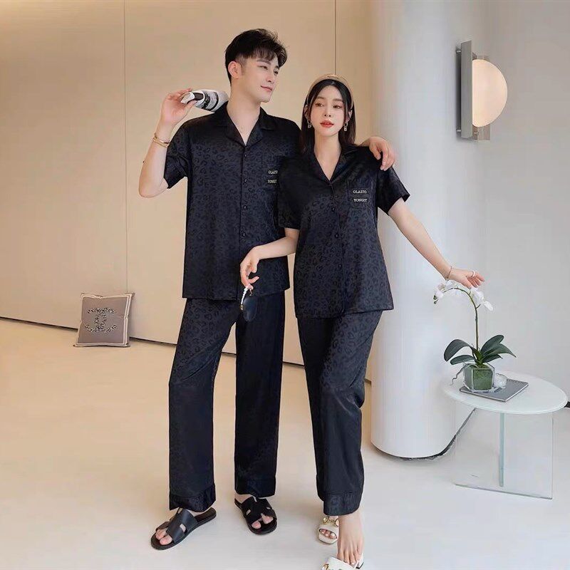 2023新款韩版情侣冰雪丝提花豹纹家居服套装男女睡衣两件套