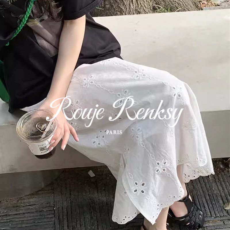 法国 法式重工镂空刺绣白色开叉半身裙女夏季休闲长裙
