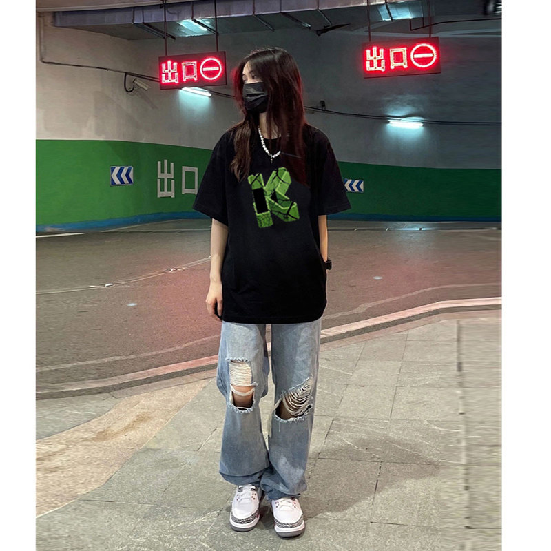 潮牌黑色美式宽松大版复古短袖t恤女2023夏季新款纯棉中长款上衣