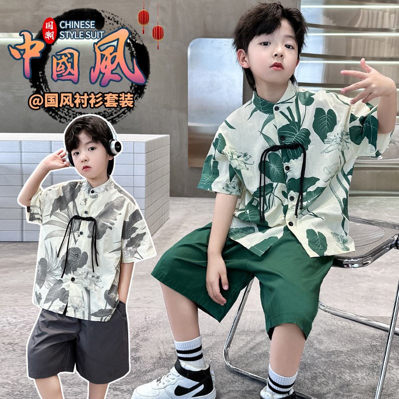 现货男童b夏季短袖套装儿童中式洋气国风汉服帅气夏装潮衣服8岁9