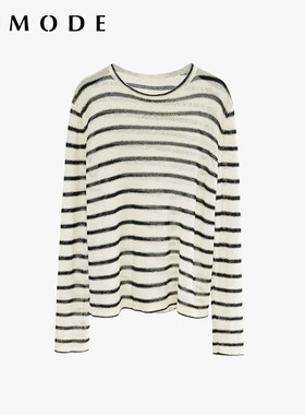 今年流行防乔乔jomode『夏麻海盐气泡水』清爽亚日条纹宽松T恤女