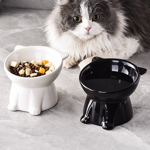 黑碗猫咪黑色猫碗猫食盆陶瓷宠物喝水碗饭碗高脚斜口碗防打翻护颈