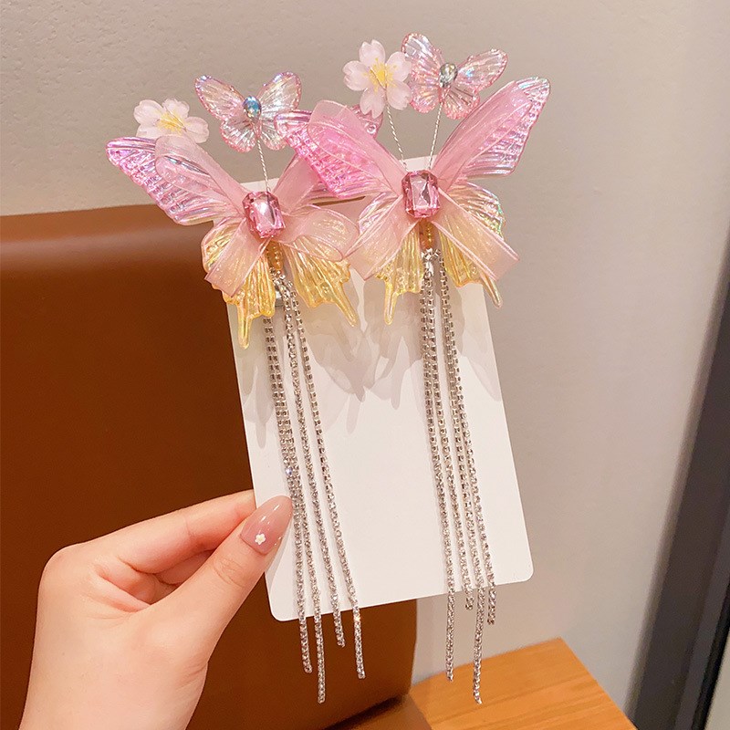 儿童超仙蝴蝶发夹幻彩唯美t表演礼服头饰女童白色仙气流苏对夹发