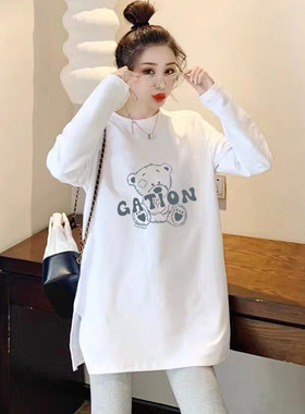 孕妇打底a衫春季2022新款开叉上衣长袖t恤女中长款宽松大码连衣裙