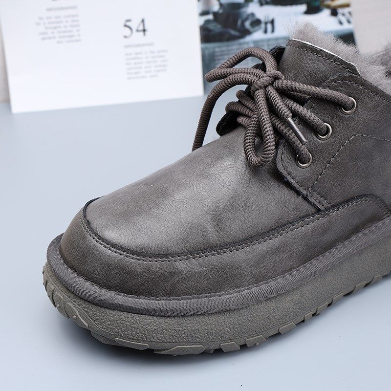 低帮系带加绒男款雪地靴冬季防寒保暖棉鞋防水皮面防滑加厚马丁靴