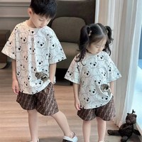 24早夏季新款F老花玩偶熊滿印短袖老花短褲套裝男童女童休閑