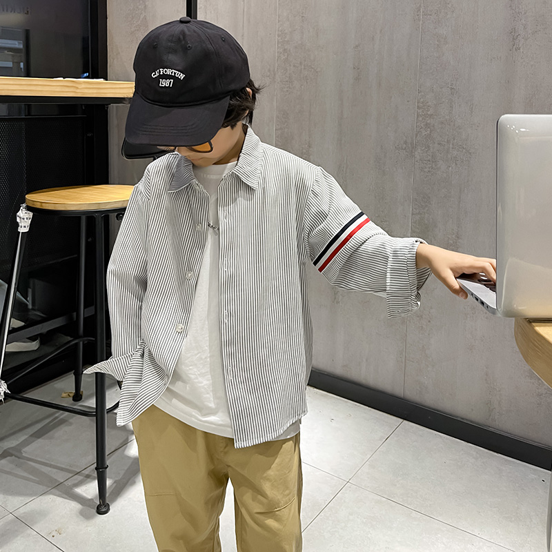 儿童衬衫长袖春装薄款2023春夏季男童细条纹织带衬衣韩版翻领洋气
