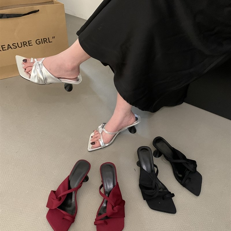 法式方头半托凉拖女 度假B风绑带缠绕夏季红色高跟鞋图片