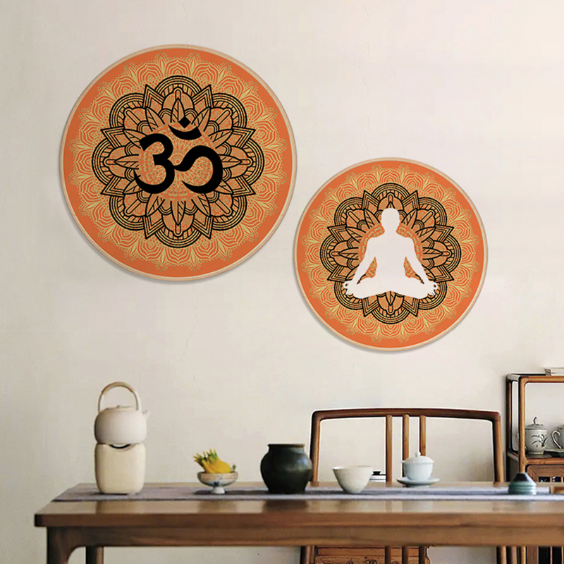 yoga曼陀罗瑜伽冥想圆形实木原木框装饰挂画瑜伽馆禅意养生东南亚