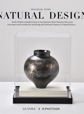 新中式亚克力罩古典黑色陶瓷摆件样版房售楼处书柜隔断博古架饰品