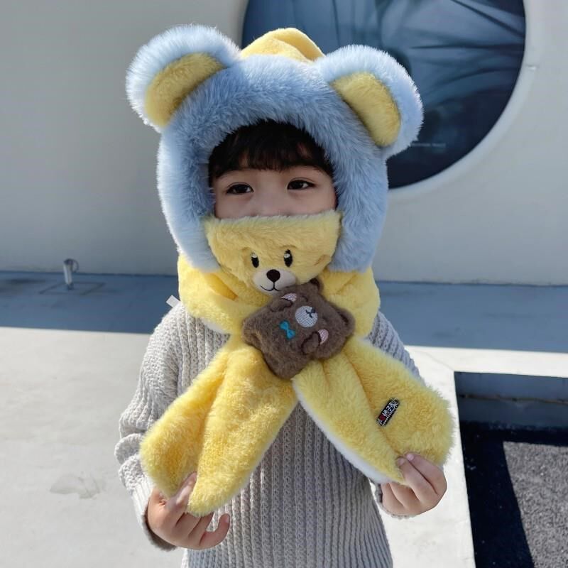 儿童帽子围巾一体冬季男童加绒保暖女童防风护耳宝宝带口罩毛绒帽