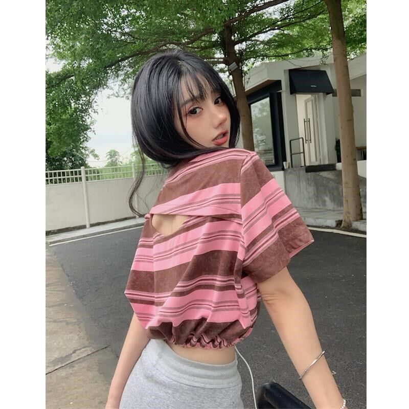 潮牌美式复古镂空条纹短袖t恤女2024夏新款美背抽绳高腰短款上衣