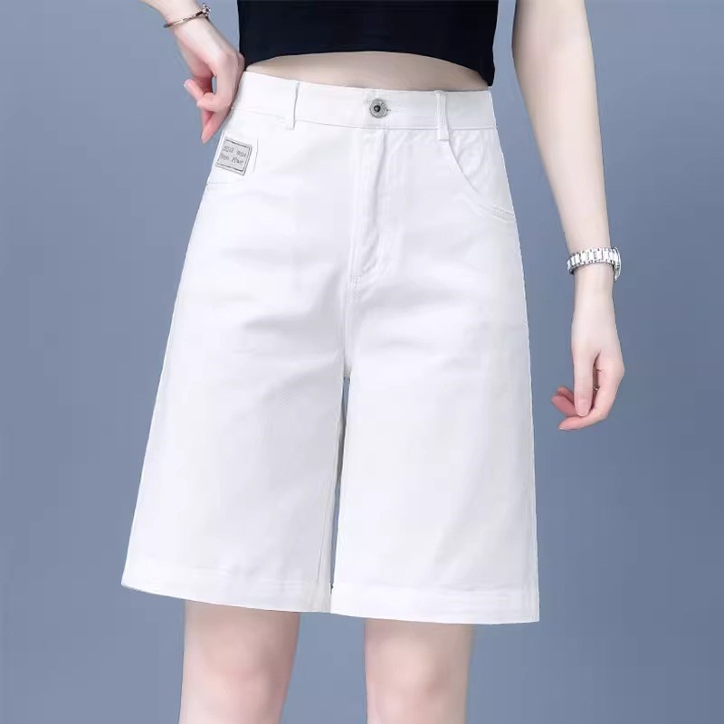 白色牛仔短裤女士夏季薄款2024新款高腰直筒五分裤宽松阔腿热裤子