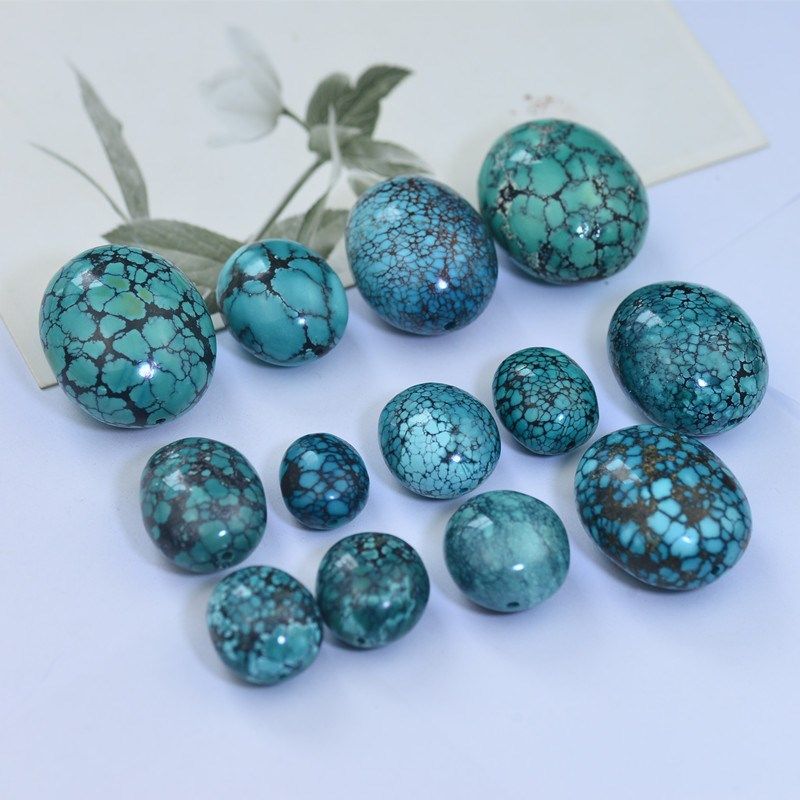 diy原矿天然绿松石 原石高瓷无优化网花卵形蛋形珠子吊坠背云散珠