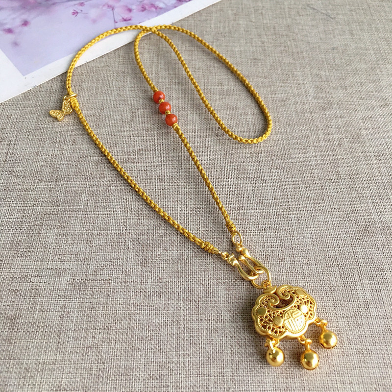 金锁编绳吊手挂绳项链包锁平安y锁佛牌链黄金挂件绳坠工编织双耳