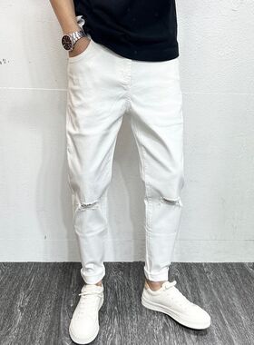 潮牌高品质男装黑色膝盖破洞牛仔裤2024春夏韩版修身小脚九分裤男