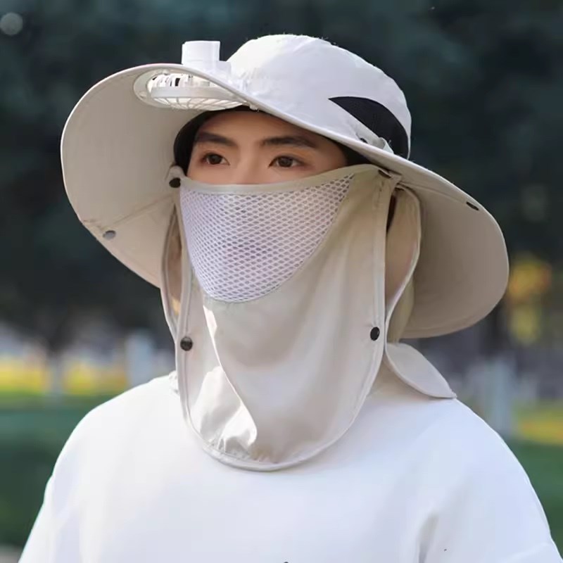 带风扇渔夫帽男款夏季大檐户外防晒遮脸面罩登山帽春秋女钓鱼帽子