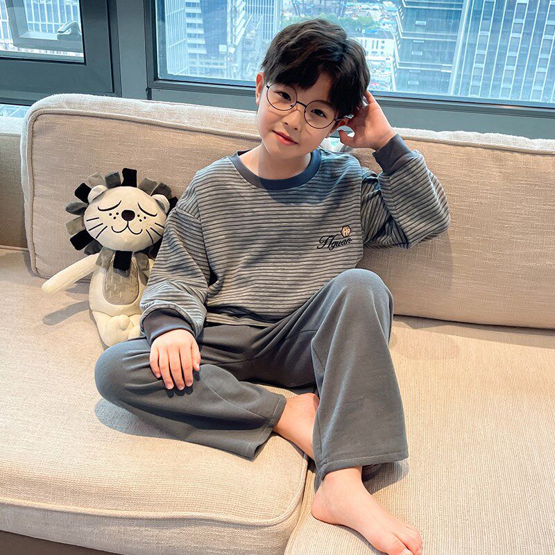 男童长袖睡衣春秋款德绒2024新款男孩秋装儿童男大童条纹家居服潮