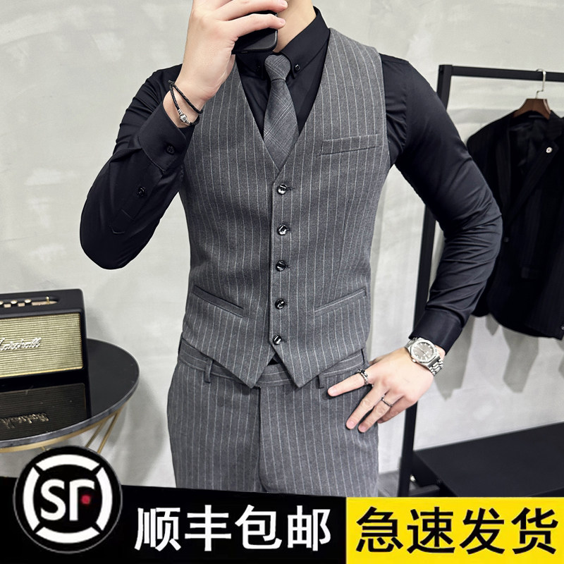 新品西装条纹马甲男士婚礼伴郎服结婚兄弟装背心马夹衬衫礼服西服