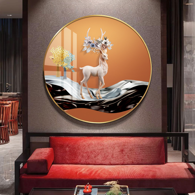 推荐新中式玄关装饰画圆形走廊过道餐厅墙面壁画现代简约麋鹿挂画图片