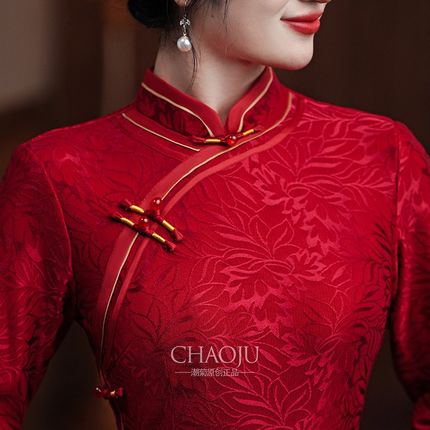 冬天旗袍红色喜婆婆婚宴装长袖冬季加绒加厚妈妈礼服高贵年轻气质