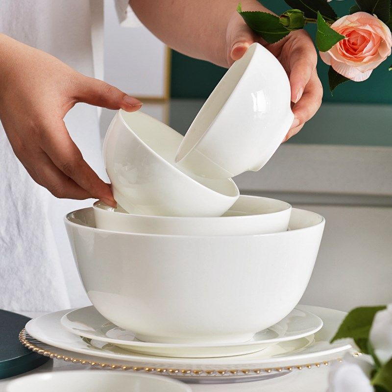 纯白骨瓷餐具套装碗盘6/8/10人家用白色成套餐具碗碟套装