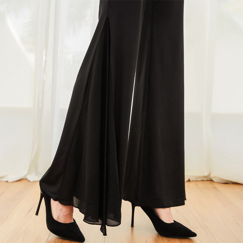 舞蹈裤女形体走秀练m功裤肚皮舞跳舞裤宽松牛奶丝网纱拼接大喇叭