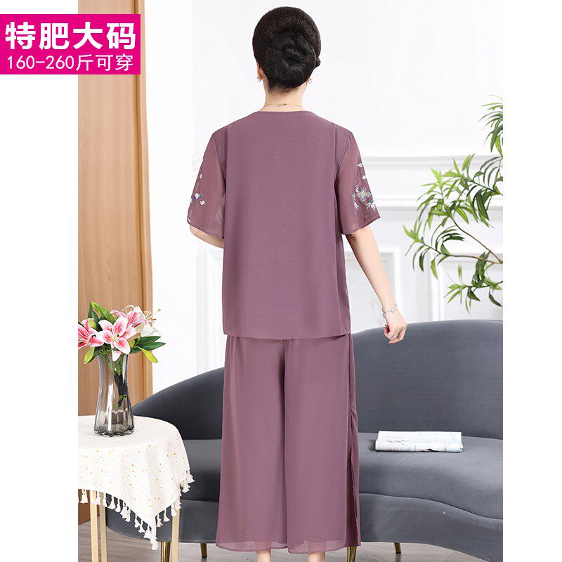 小个子胖妈妈夏装运动套装大u码遮中老年人60岁碎花雪纺中年女夏