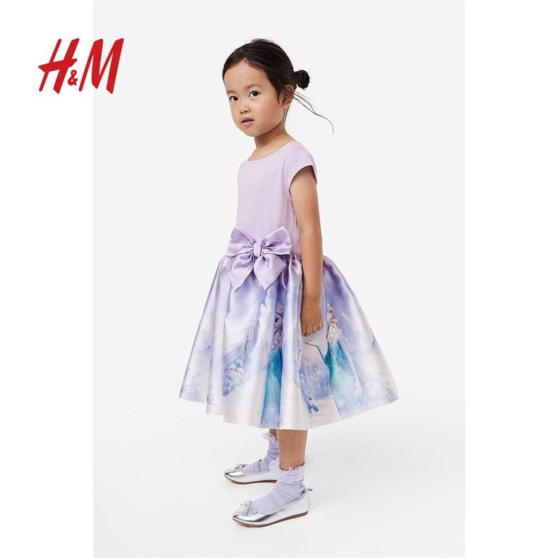 现货【冰雪奇缘系列】HM童装女童洋装春秋印花蝴蝶结喇叭裙089274